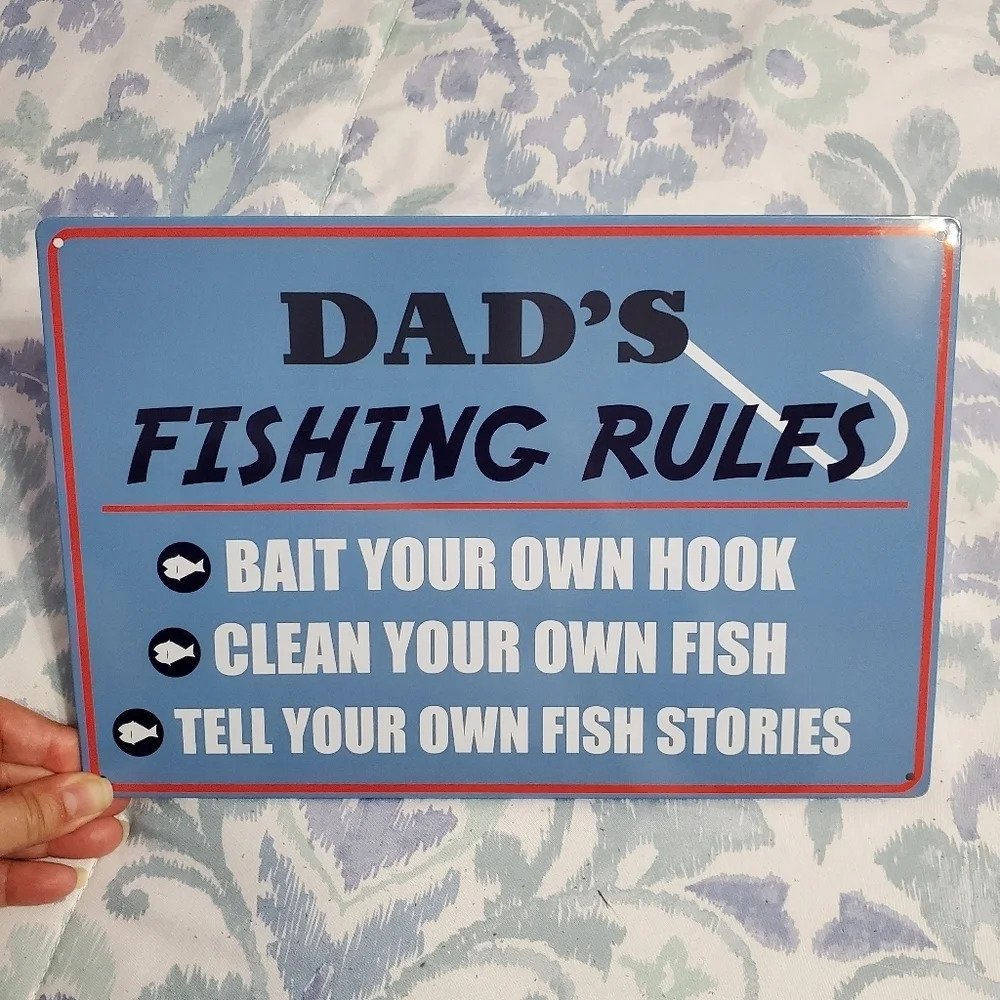 🔥 NEW Dad's Fishing Rules Metal Tin Sign Wall Mounted